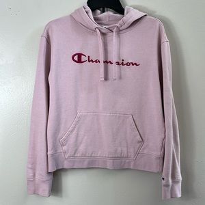 Champion hoodie, pink logo pull over women’s size S